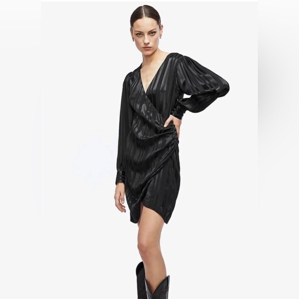 Anine Bing - Penelope Striped Mini Dress in Black - size XS - Faux Wrap Style